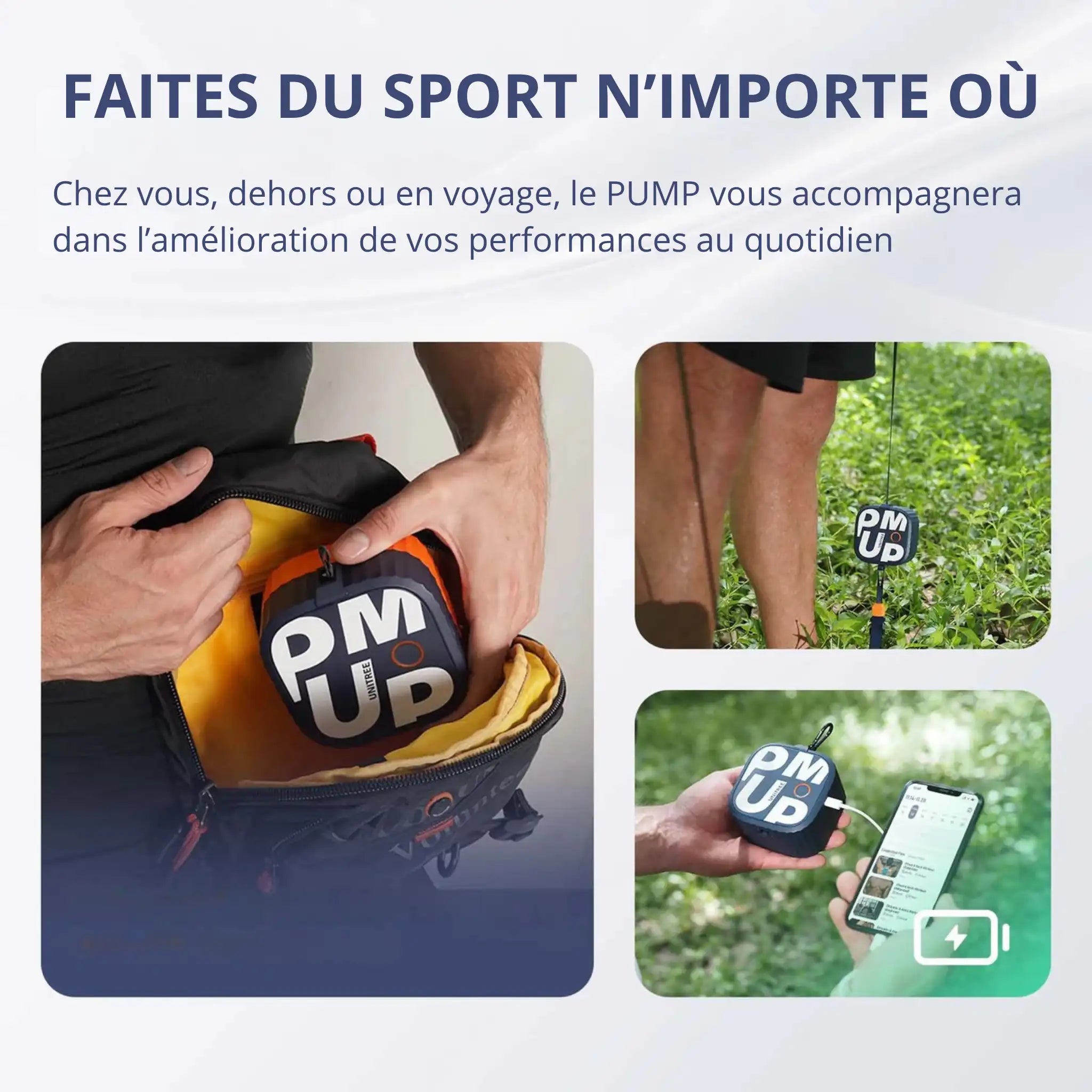 Homme qui transporte facilement le PUMP Pro RAWKS dans son sac et dehors poulie musculation partout