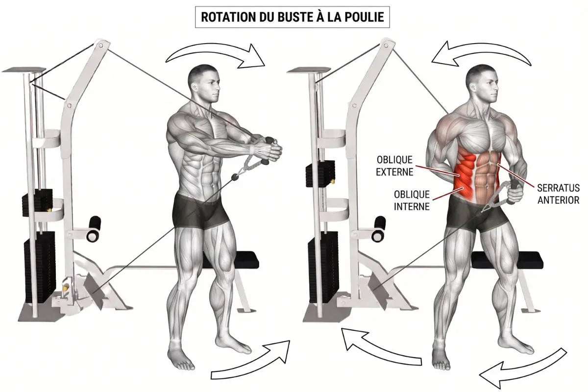 mouvement et étapes pour faire les obliques à la poulie