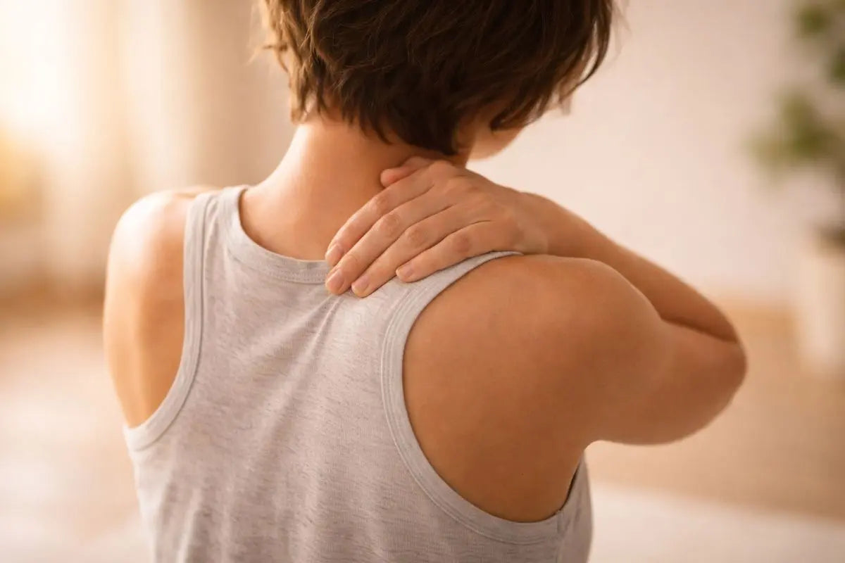 femme qui se tient les trapèze à cause de douleurs au dos