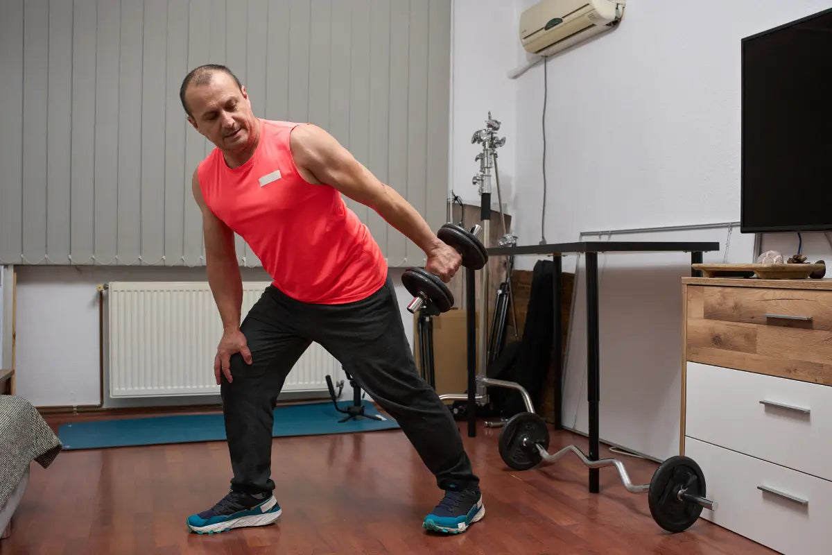 homme qui développe ses triceps à la maison avec des haltères