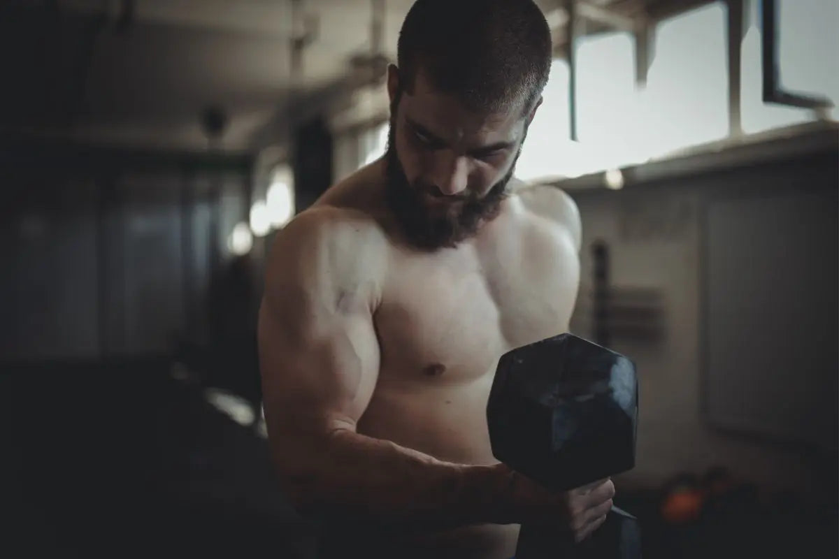 homme qui travaille les biceps avec des haltères salle de musculation
