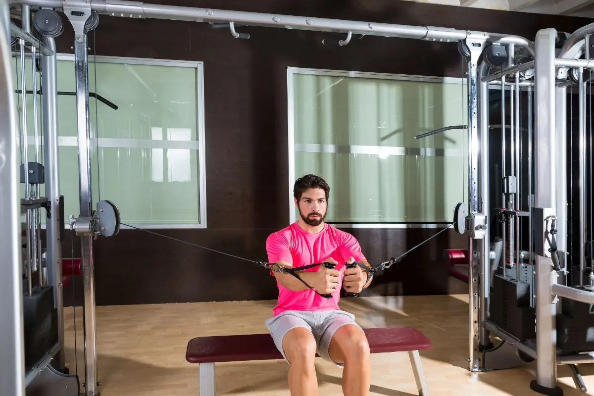 homme qui fait des écartés poulie à salle de sport musculation