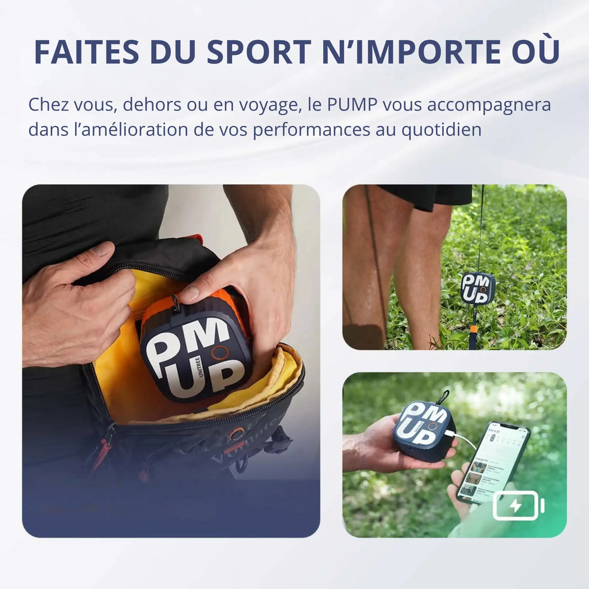 Homme qui transporte facilement le PUMP Pro RAWKS dans son sac et dehors poulie musculation partout